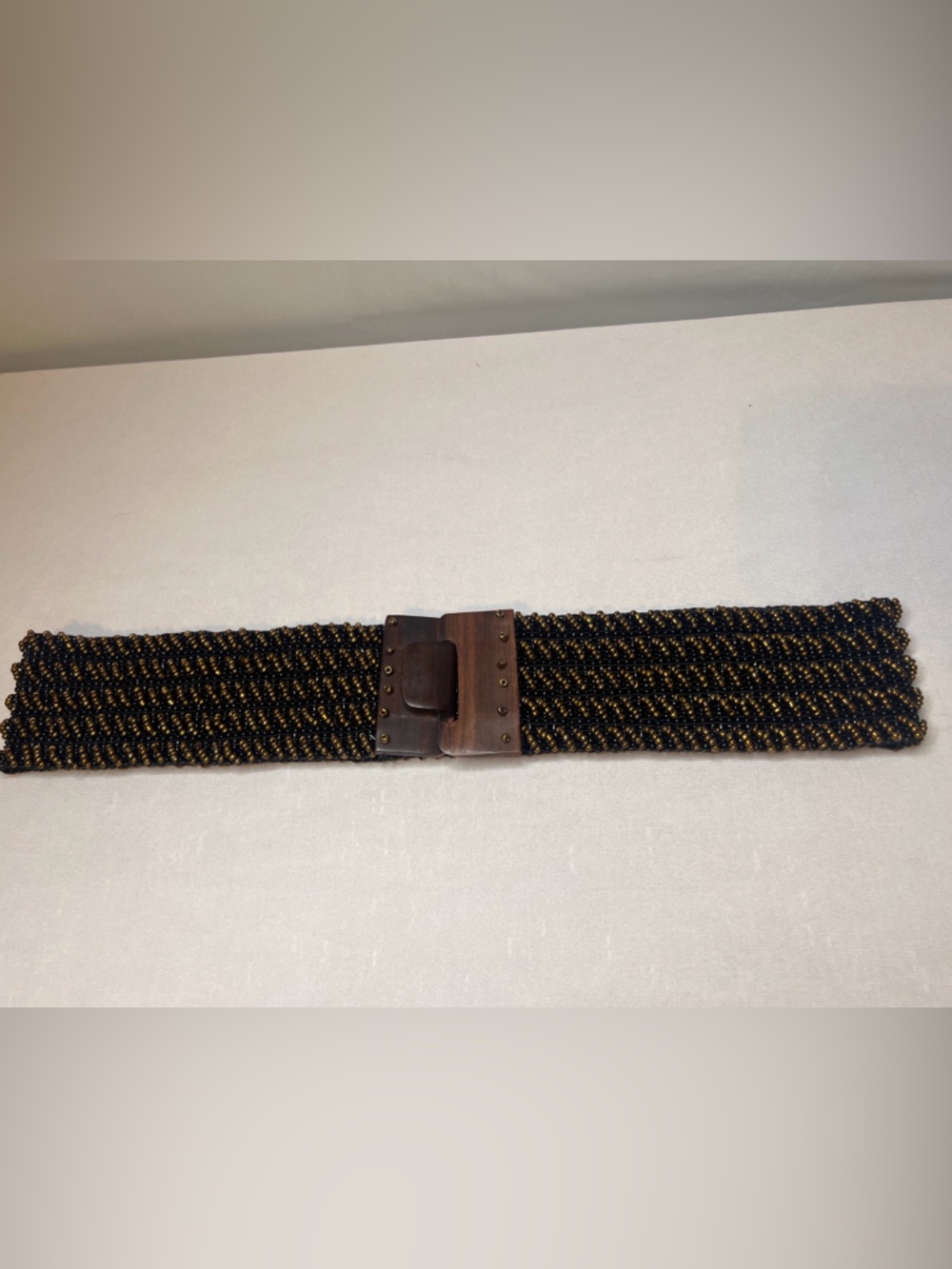 Vintage Boho Beaded Stretch Belt Bronze Brown Wood Buckle Wide Y2K Retro - Picture 4 of 12